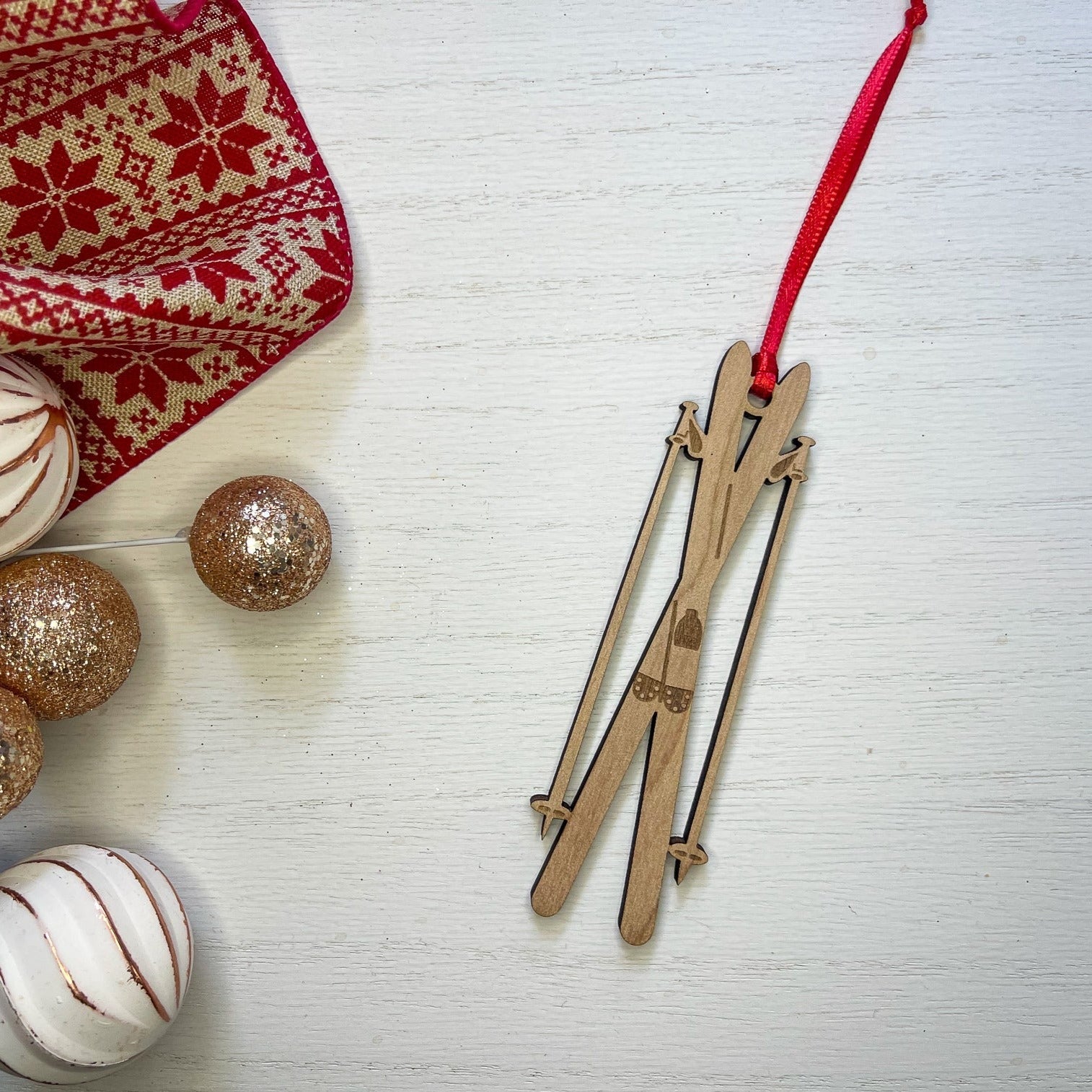 Cross Country Skis Wood Ornament