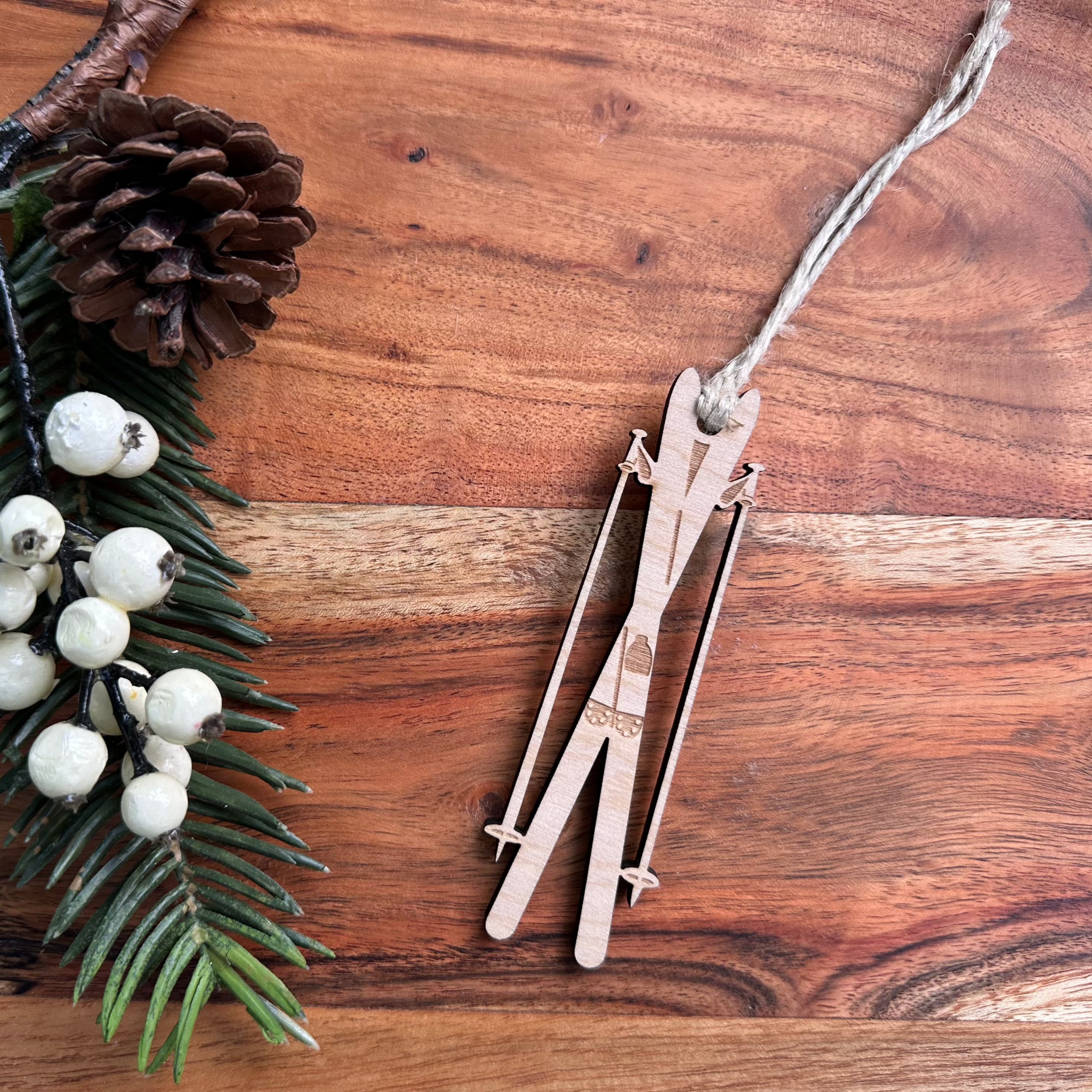 Cross Country Skis Wood Ornament